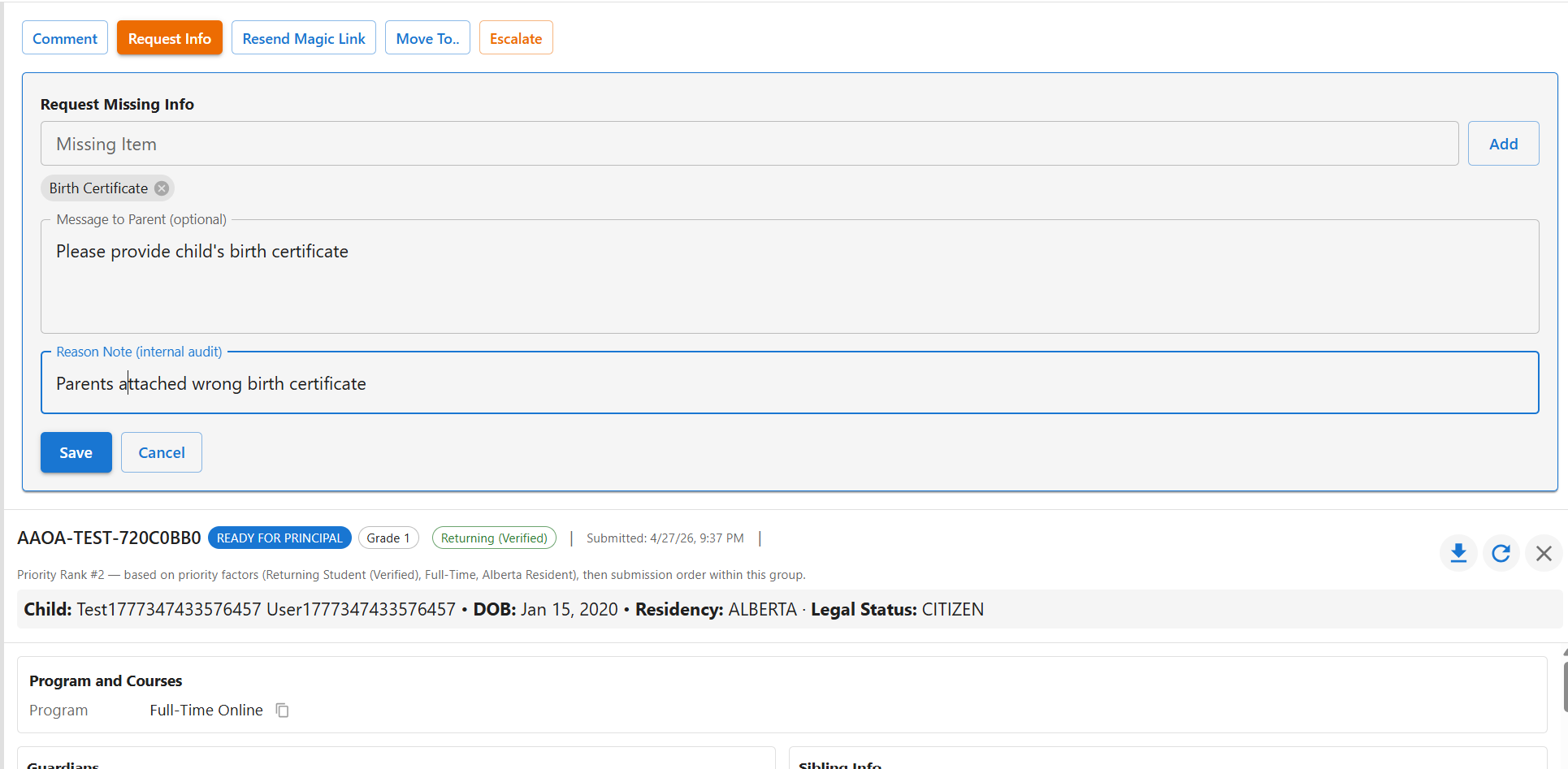 Eqra admin workspace showing application details and staff actions