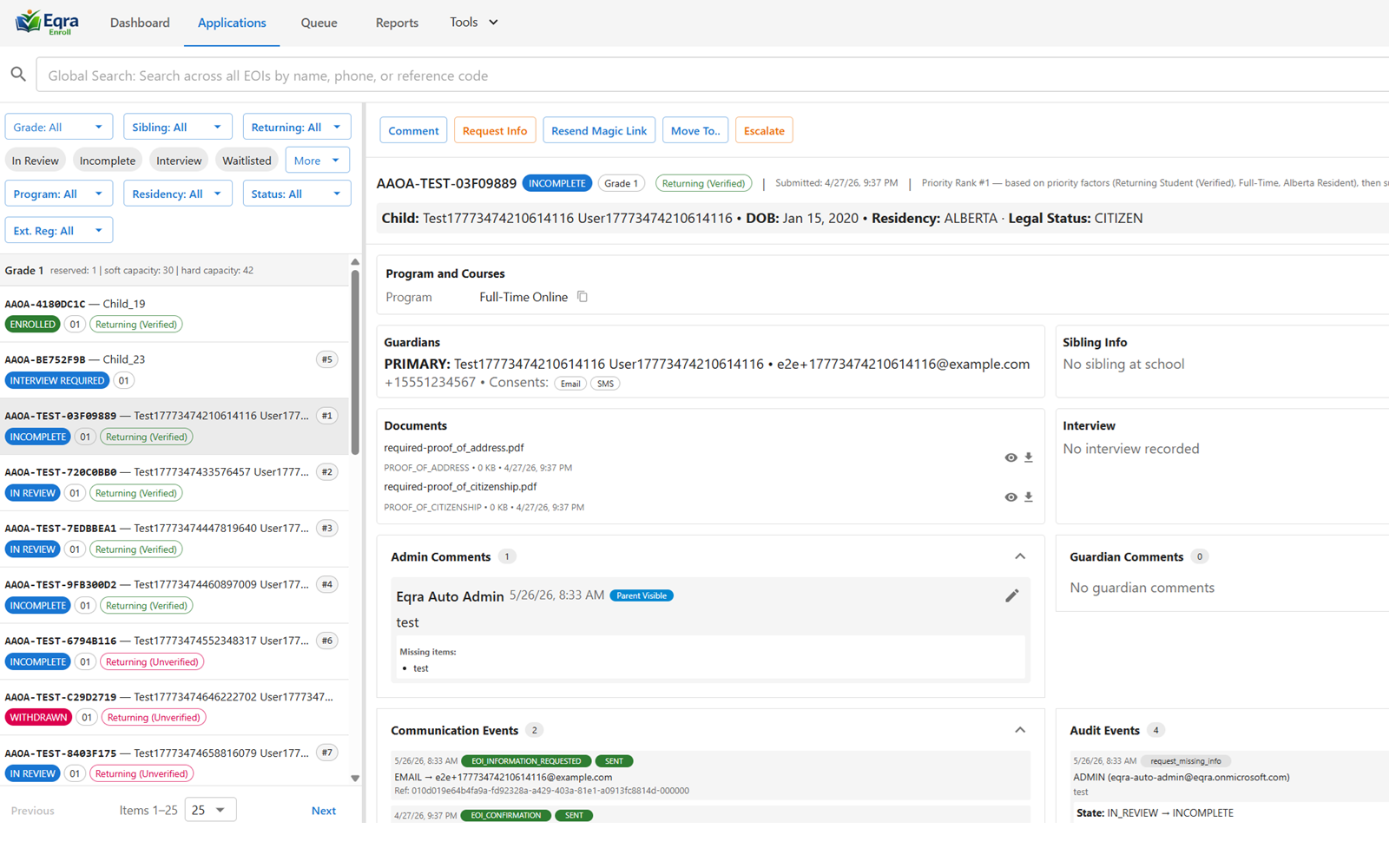 Admin workbench screenshot showing intake applications and staff review workflow
