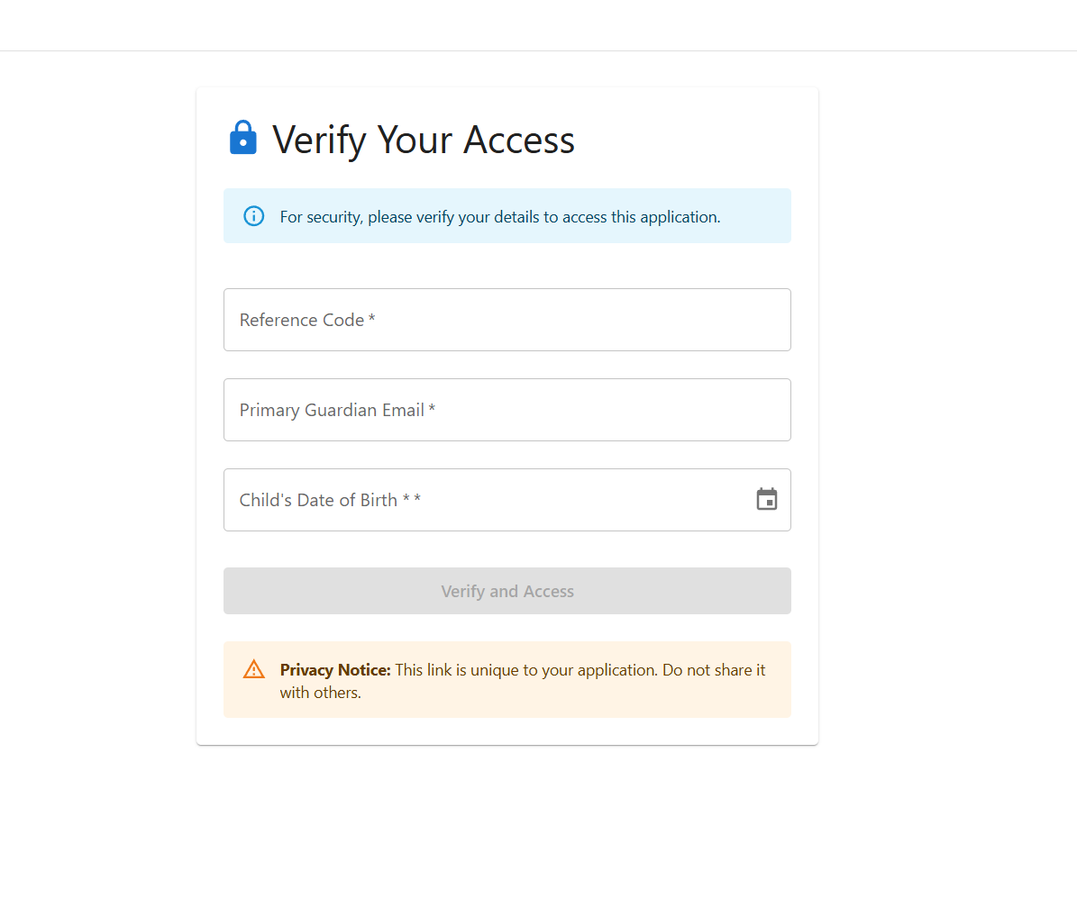 Parent access verification screen for an Eqra application workspace