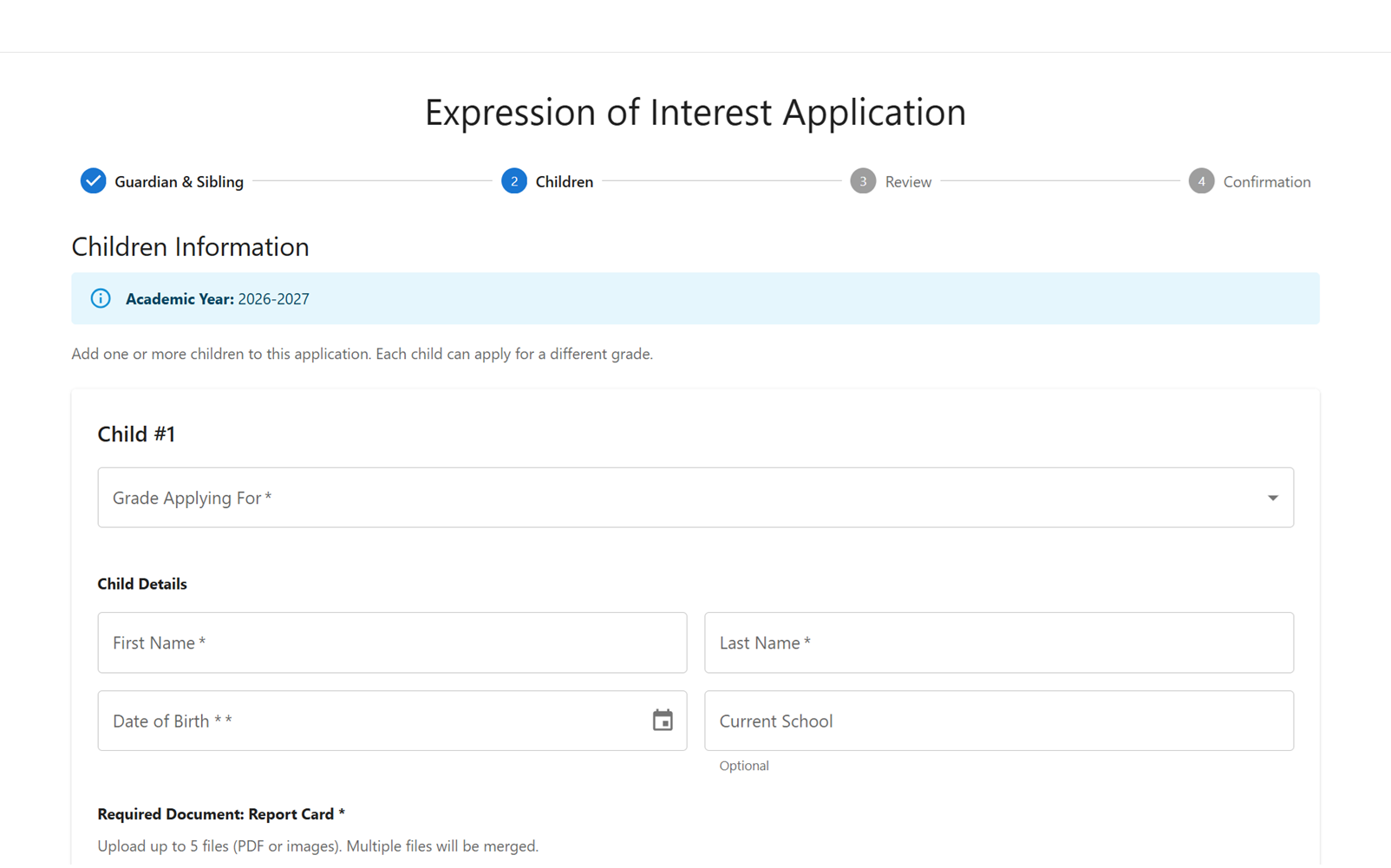 Parent Expression of Interest flow screenshot showing a child information step