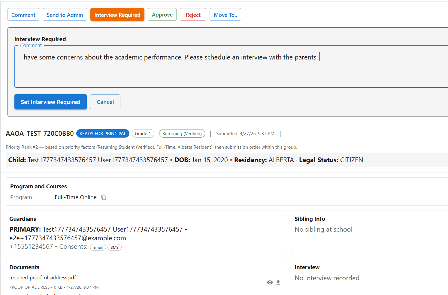 Eqra principal workspace showing school intake visibility
